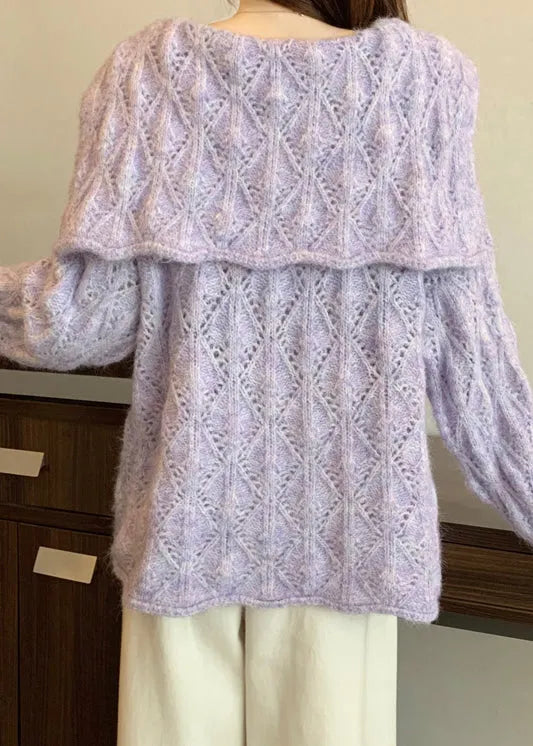 Loose Purple Sailor Collar Hollow Out Knit Cardigans Fall