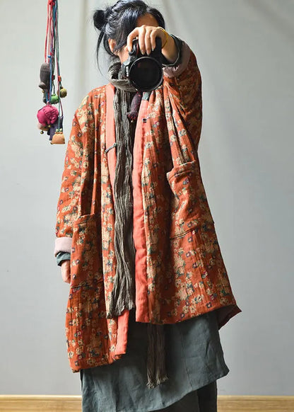 Purple V Neck Pockets Print Fine Cotton Filled Winter Coats