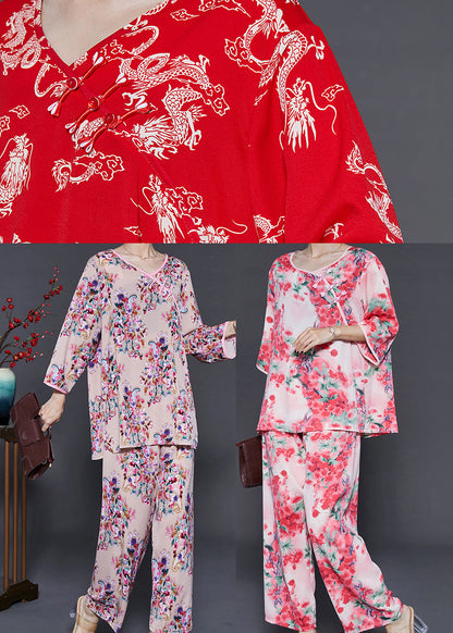 Khaki Print Cotton Two-piece Set Chinese Button Summer