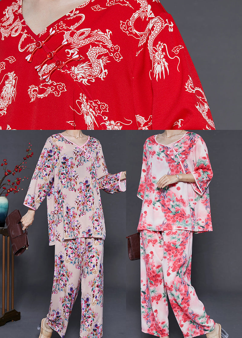 Khaki Print Cotton Two-piece Set Chinese Button Summer