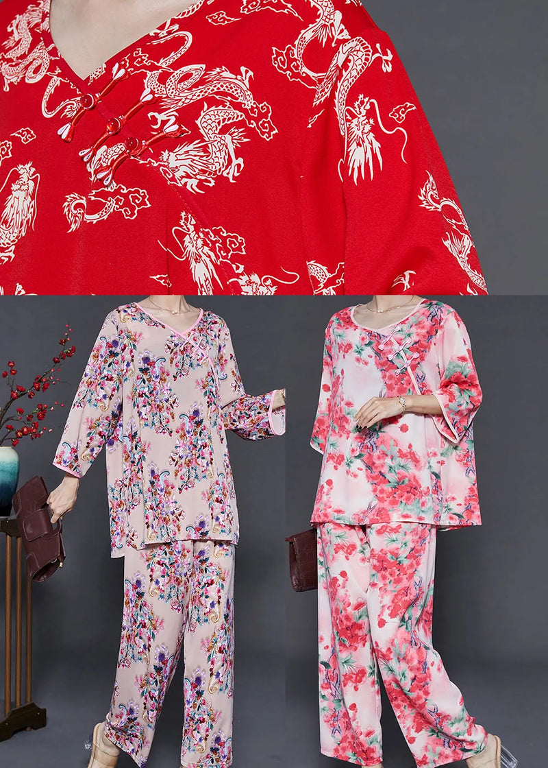 Red Dragon Print Cotton Sets 2 Pieces Summer