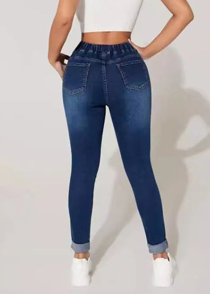 Loose Navy Lace Up Elastic Waist Denim Denim Crop Pants Summer