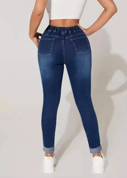 Loose Navy Lace Up Elastic Waist Denim Denim Crop Pants Summer
