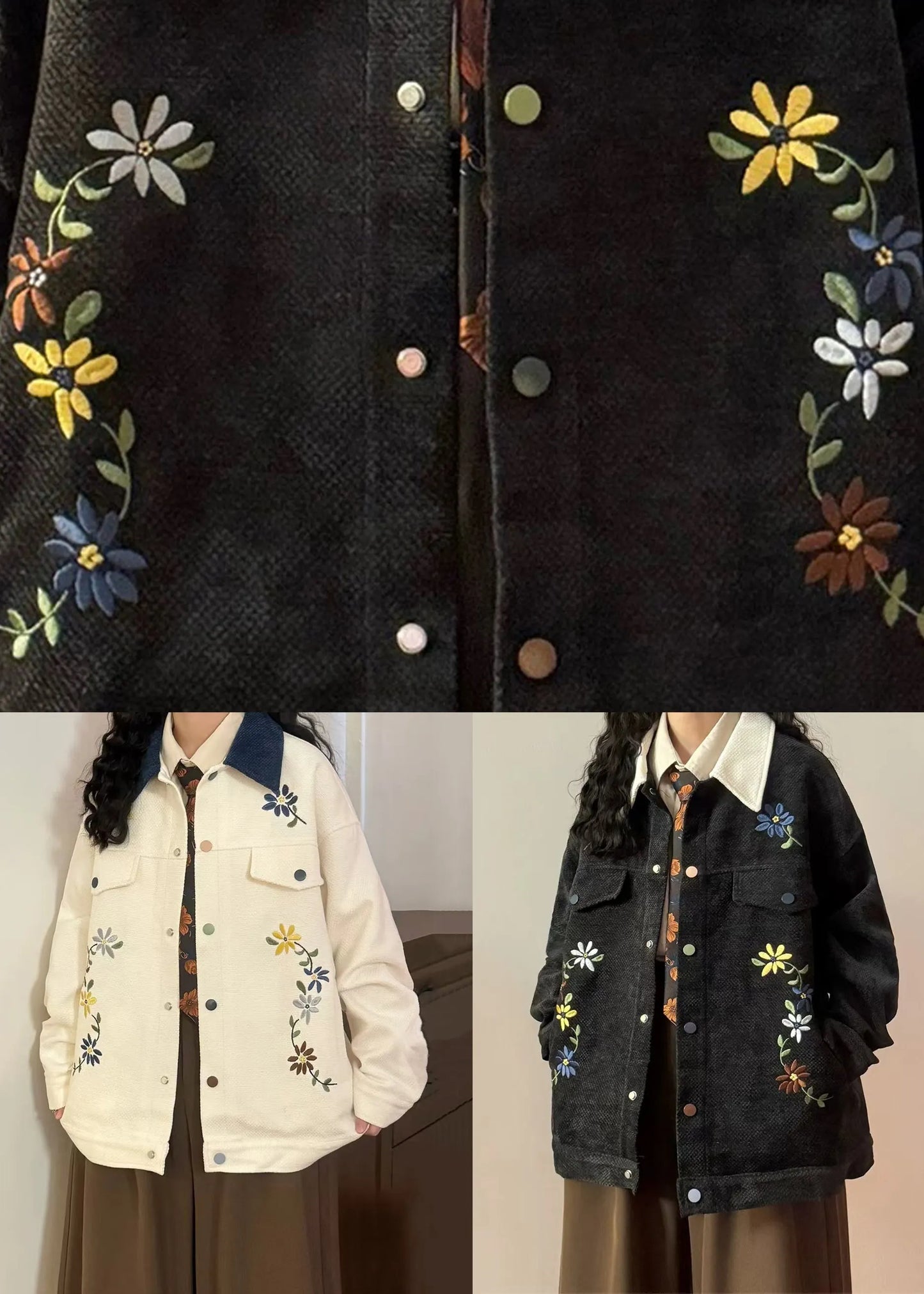 Black Embroidered Button Patchwork Cotton Coats Peter Pan Collar