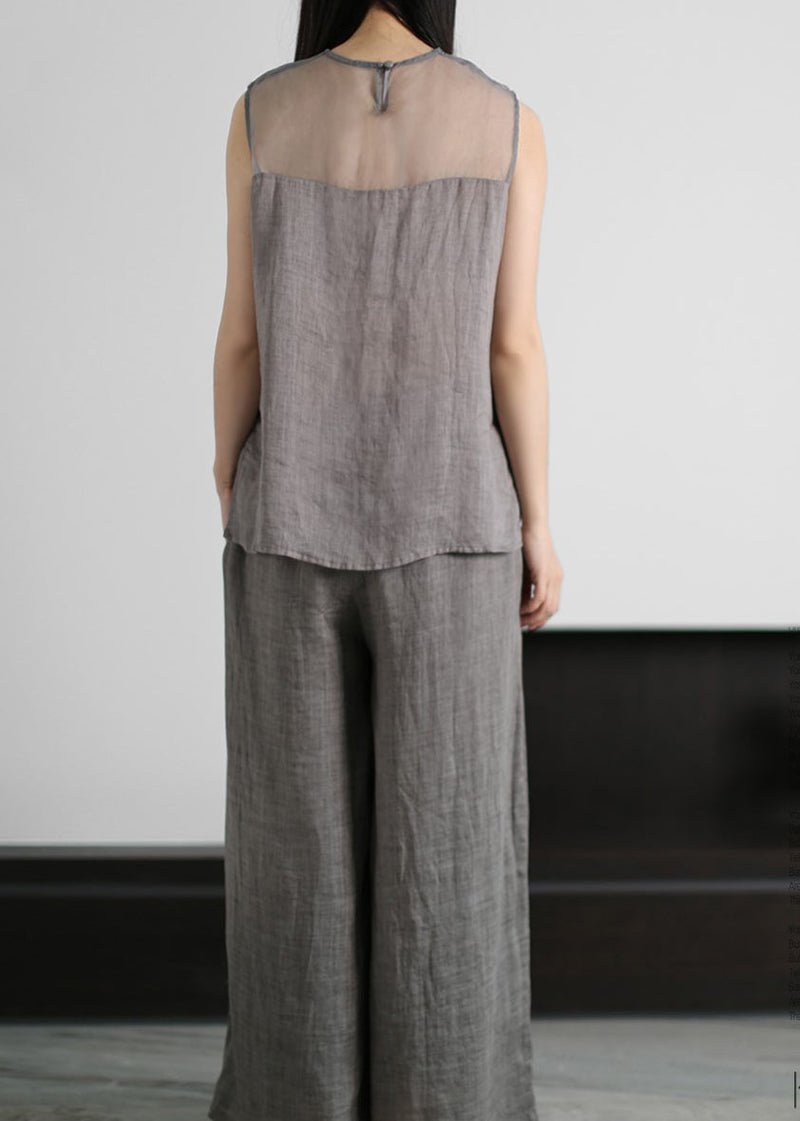 Grey Embroideried Hollow Out Tulle Patchwork Linen Two Piece Suit Set Sleeveless