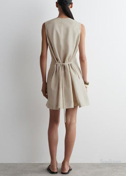 Art V Neck Linen a Line Tea Dress Sleeveless