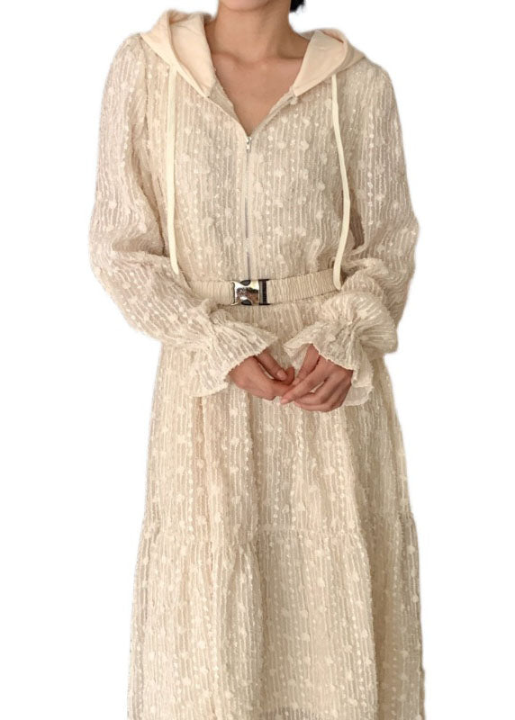Apricot Hooded Zippered Patchwork Lace Dress Spring
