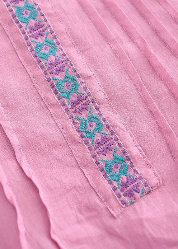 Pink Linen Tops and Pants Two Pieces Set Wrinkled Embroideried Short Sleeve