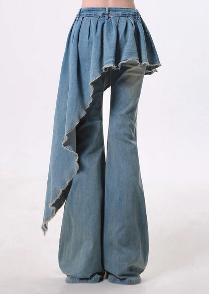 Blue Asymmetrical Patchwork Denim Flared Trousers Pants Spring