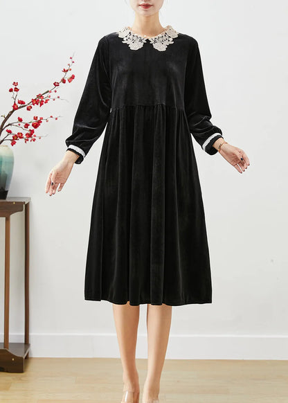 Art Black Peter Pan Collar Lace Patchwork Silk Velour Dress Fall