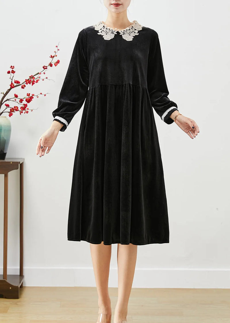 Art Black Peter Pan Collar Lace Patchwork Silk Velour Dress Fall
