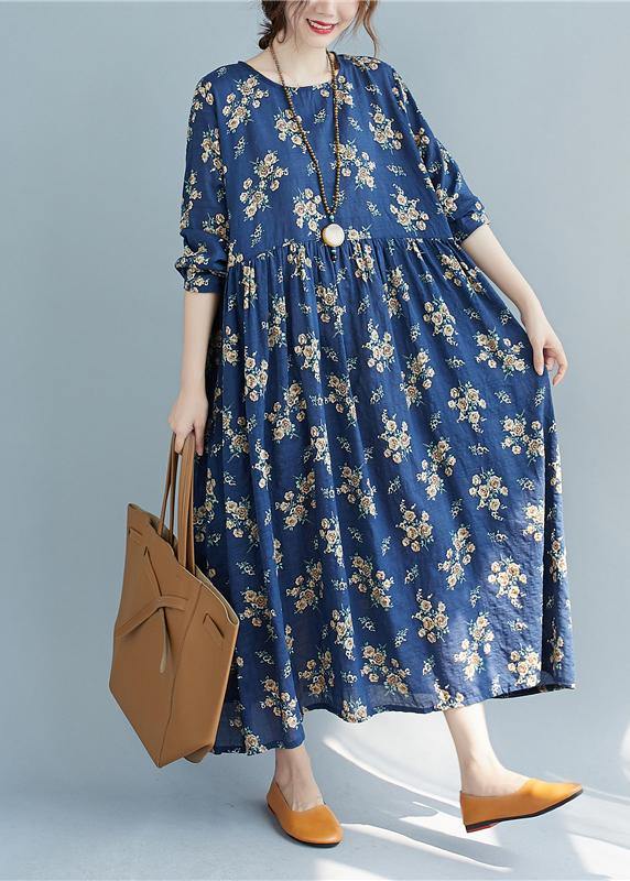 Diy O Neck Cinched Spring Quilting Clothes Work Outfits Blue Print Traveling Dress