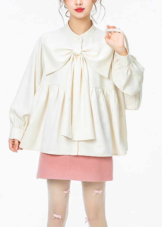 French White O-neck Wrinkled Bow Shirt Spring