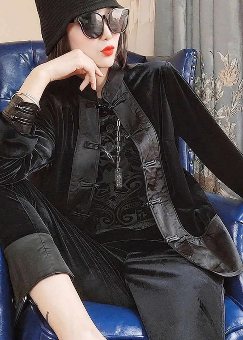 Loose Black Chinese Button Patchwork Velour Two-piece Set Fall