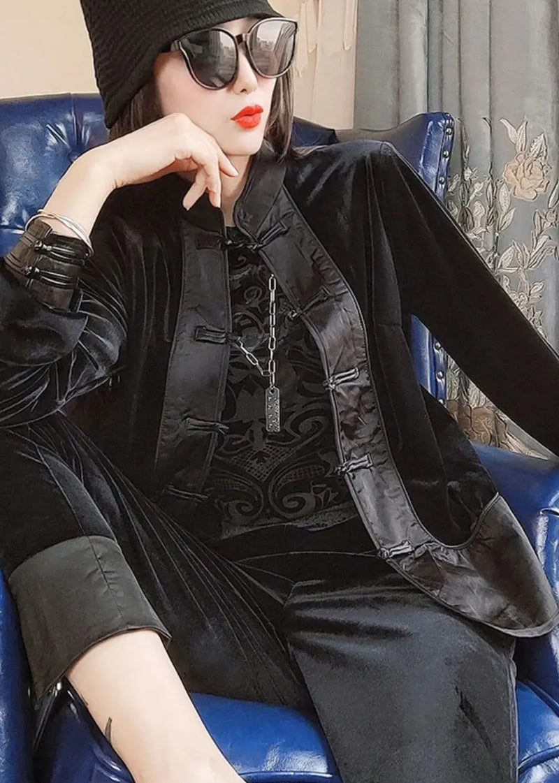 Loose Black Chinese Button Patchwork Velour Two-piece Set Fall