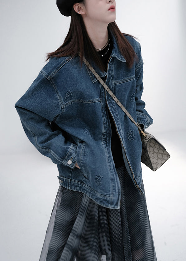 Classy Denim Blue Stand Collar Patchwork Pockets Coats Fall