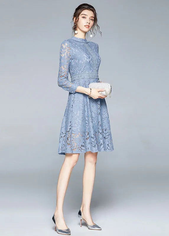 Handmade Blue Stand Collar Lace Cinch Dresses Bracelet Sleeve