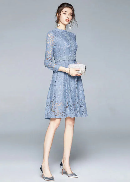 Handmade Blue Stand Collar Lace Cinch Dresses Bracelet Sleeve