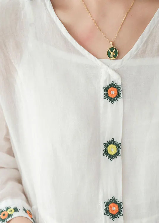 White V Neck Embroideried Linen Dress Two Piece Set Clothing Summer