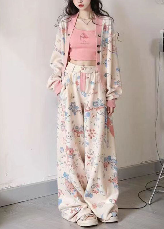 Apricot V Neck Print Coats Vest and Wide Leg Pants Three Pieces Set Long Sleeve