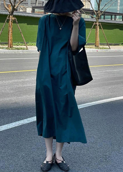 Blue O Neck High Waist Cotton Long Dress Half Sleeve