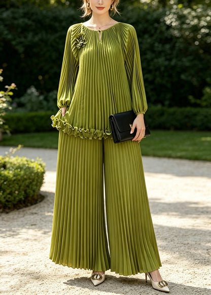 Grass Green Draping Chiffon Two Piece Set Clothing Wrinkled Spring