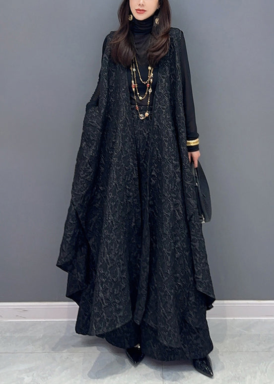 Jacquard Black Asymmetrical Patchwork Waistcoat and Pants Cotton Two Pieces Set Sleeveless Fall