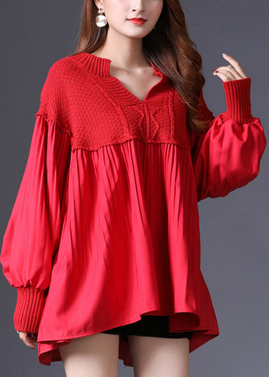 Red V Neck Patchwork Knit Pullover Spring