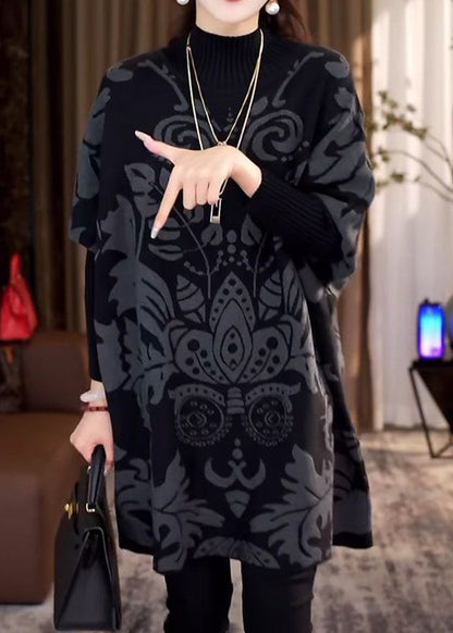 Black Hign Neck Thick Print Knit Sweater Winter