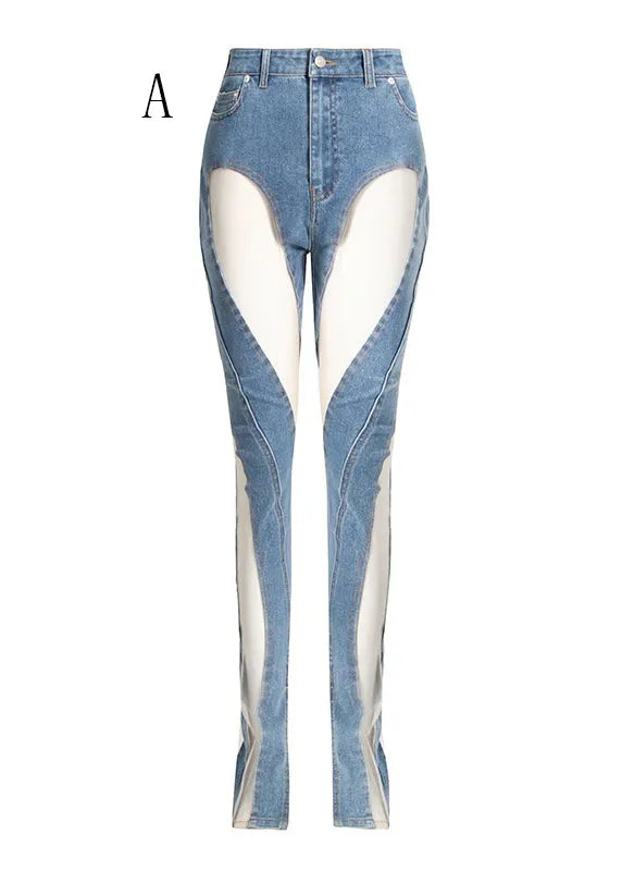 Hollow Out Tulle Patchwork Denim Trousers Fall