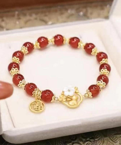 Modern Red Sterling Silver Inlaid Agate Jade Rabbit Chain Bracelet