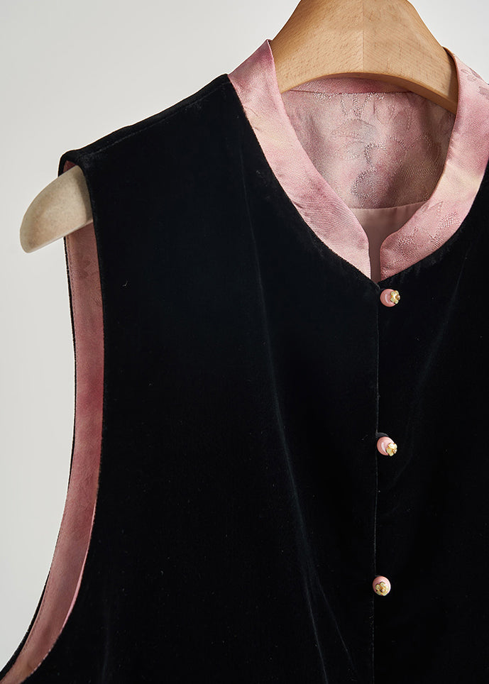 Classy Black Embroidered Patchwork Silk Velvet Vest Sleeveless
