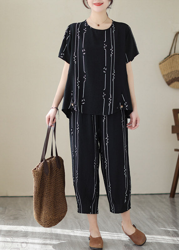 Black Low High Design Top and Harem Pants Two Piece Set Short Sleeve