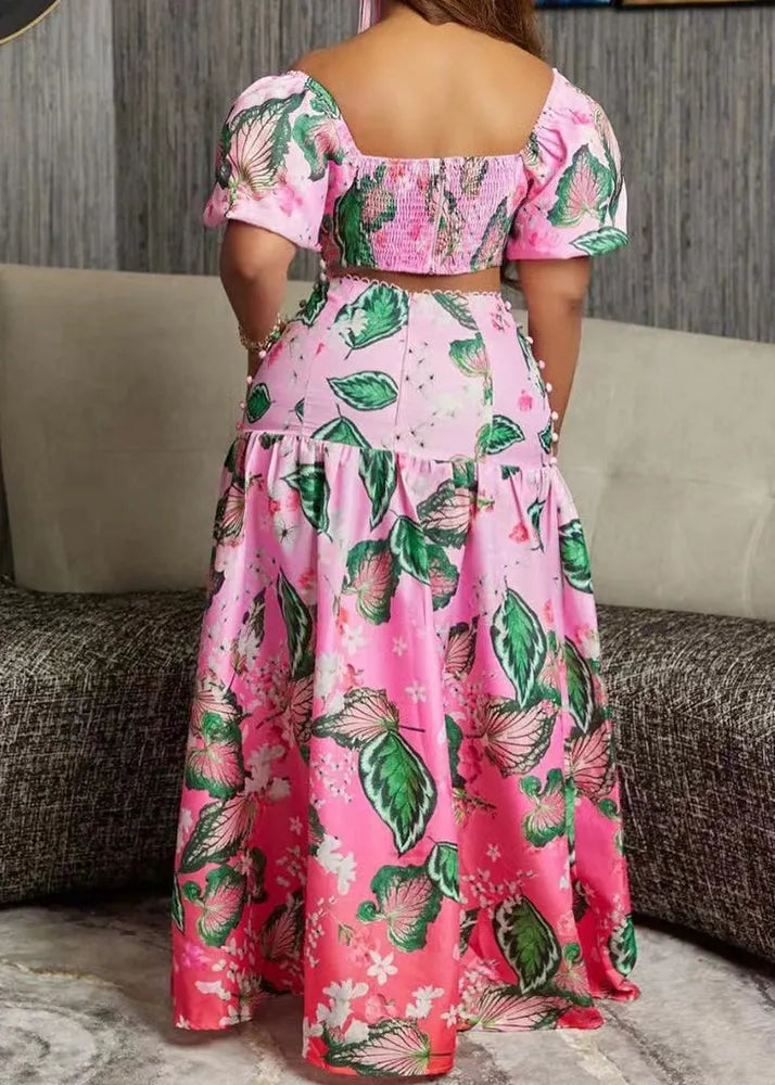 New Pink Gradient Color Print Tops and Skirts Cotton Two Pieces Set Summer