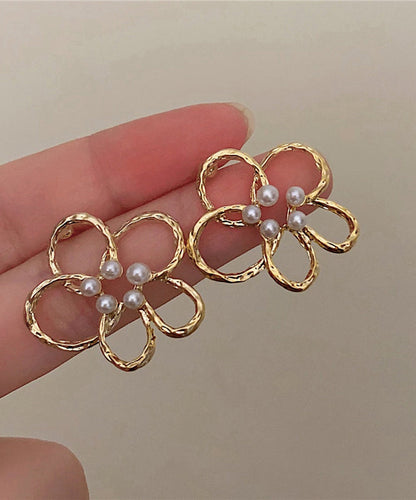Gold Copper Overgild Pearl Hollow Out Stud Earrings