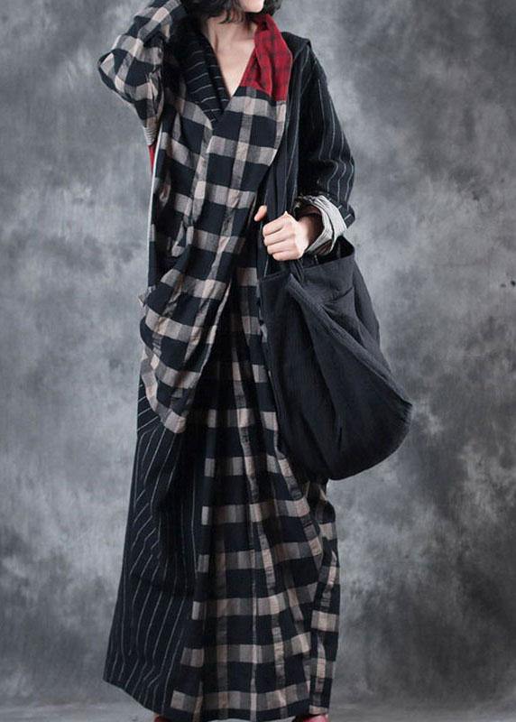 Classy Colorblock Plaid V Neck Pockets Holiday Dress Fall Long Sleeve