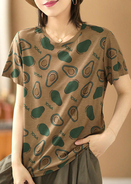 Original Design Dark Khaki O-neck Print Cotton Tank Top Short Sleeve