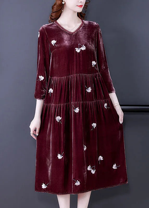 Stylish Bean Paste Red V Neck Embroideried Velour Dresses Spring