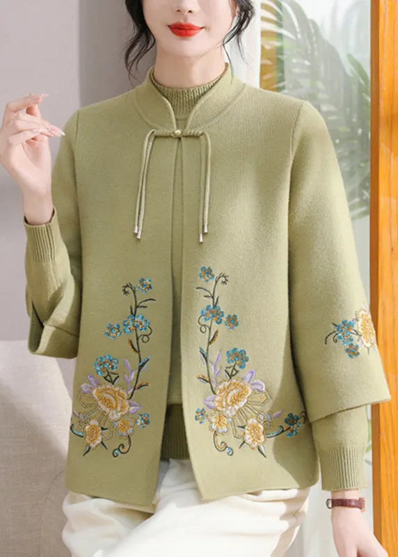 Art Green Stand Collar Cotton Knit Coats and Sweater Two Pieces Set Fall