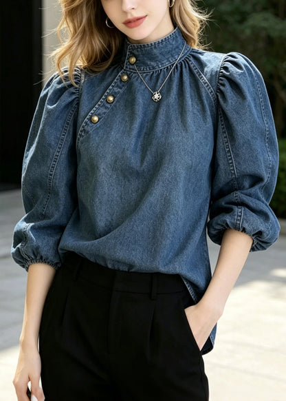 French Navy Stand Collar Golden Button Denim Shirts Puff Sleeve