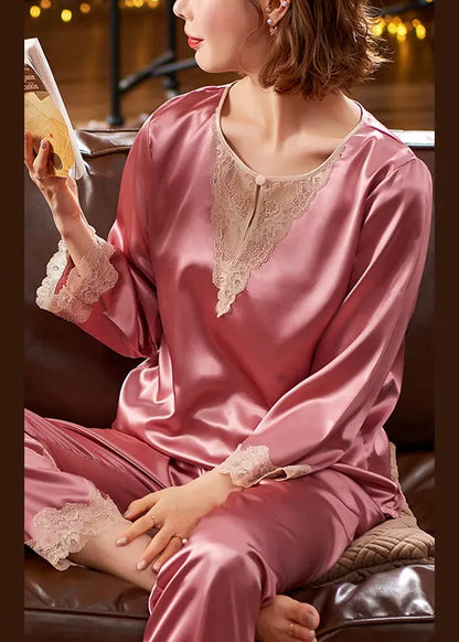 Pink Lace Patchwork Silk Pajamas Two Pieces Set