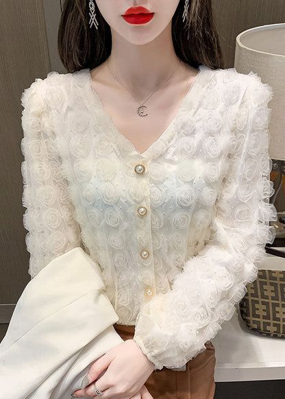 Apricot V Neck Patchwork Tops Long Sleeve