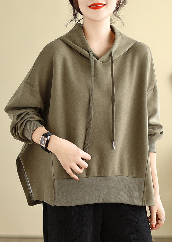 Brown Hooded Side Open Cotton Sweatshirts Fall