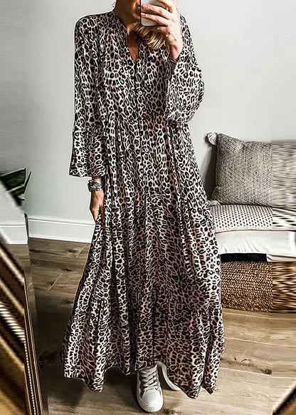 Leopard V Neck Patchwork Maxi Dress Fall