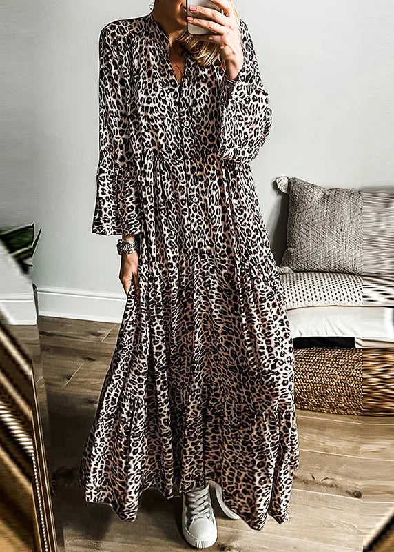 Leopard V Neck Patchwork Maxi Dress Fall