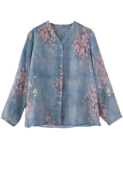French Grey Blue Print Button Linen Shirt Top Long Sleeve