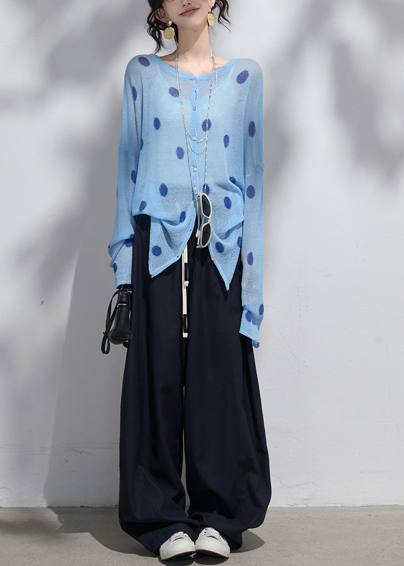 Classy Blue Oversized Print Knit Upf 50+cardigans Spring