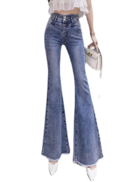 Blue High Waist Button Long Jeans Spring