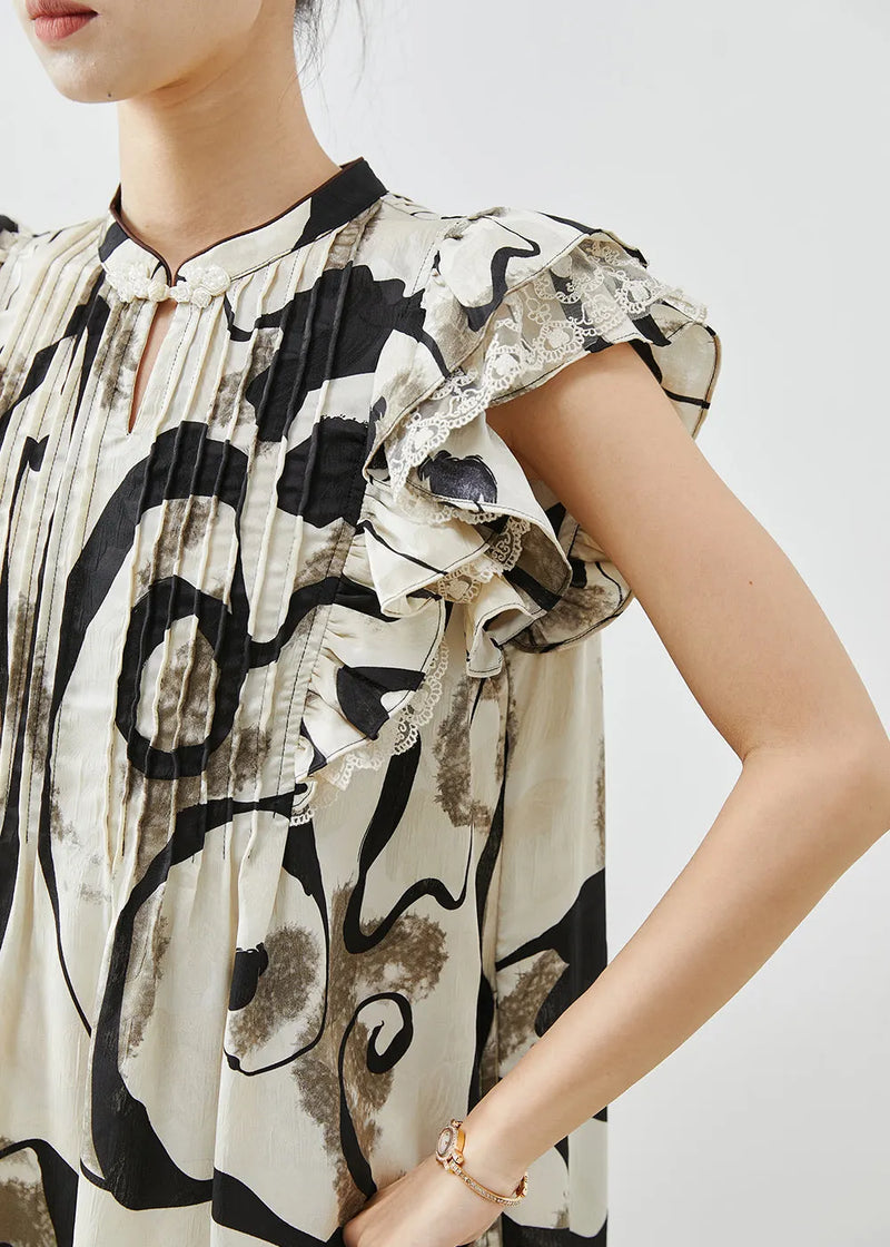 Print Wrinkled Chiffon Mid Dress Butterfly Sleeve