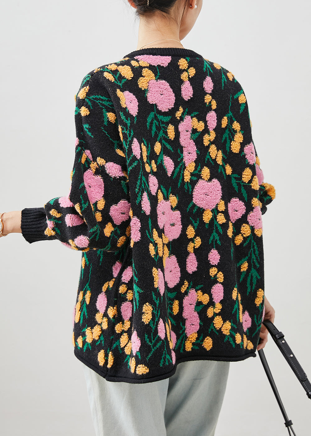 Black Jacquard Knit Cardigan O-neck Winter